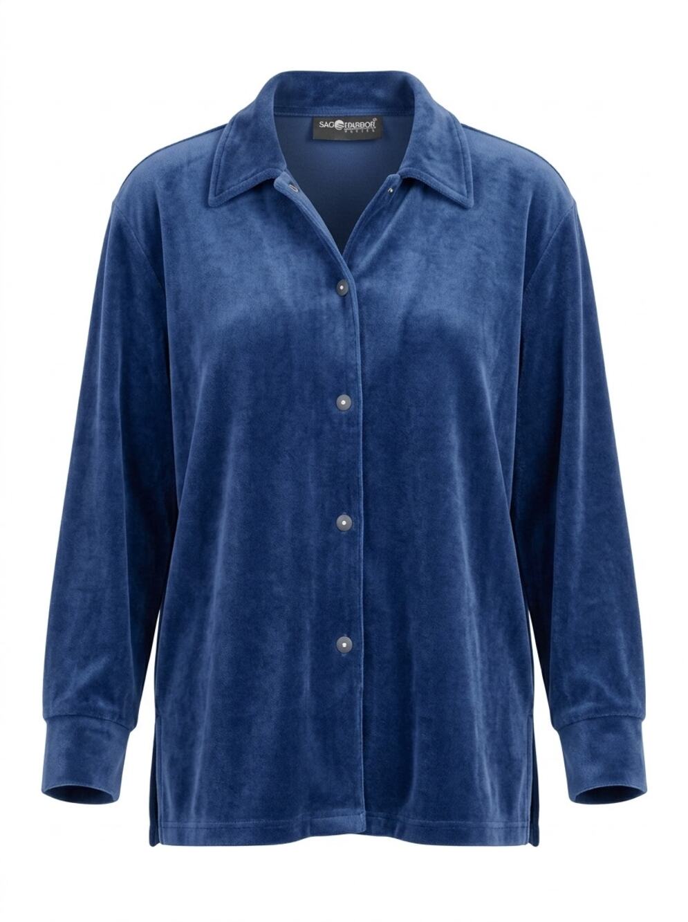 Sag Harbor Blue Velour Velvet Knit Snap Button Blouse Women Size M Petite